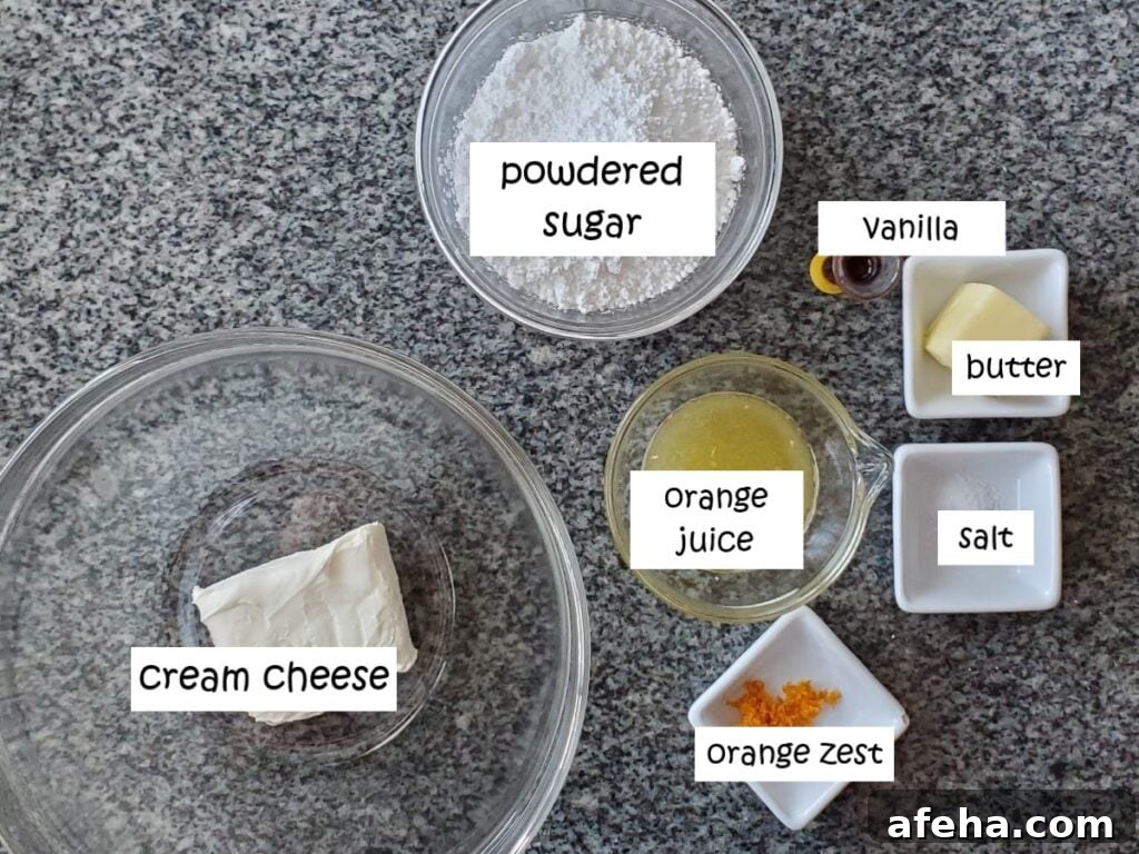ingredients for orange icing labeled and measured.