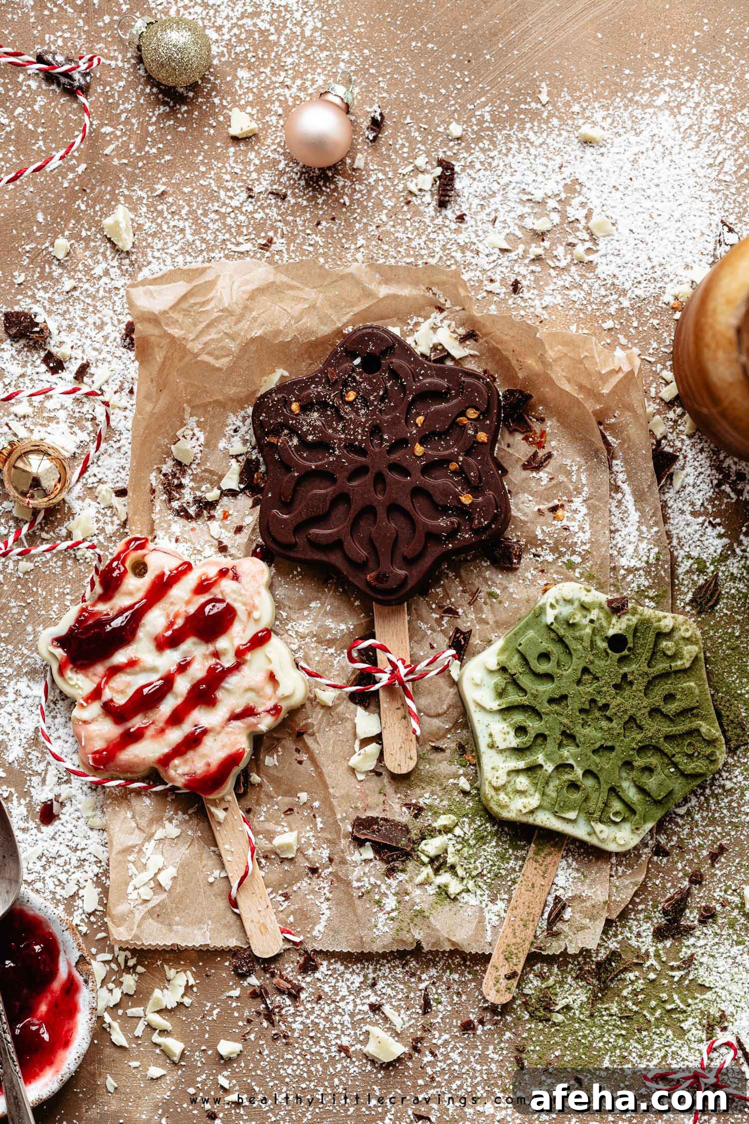 Three hot chocolate sticks on baking paper