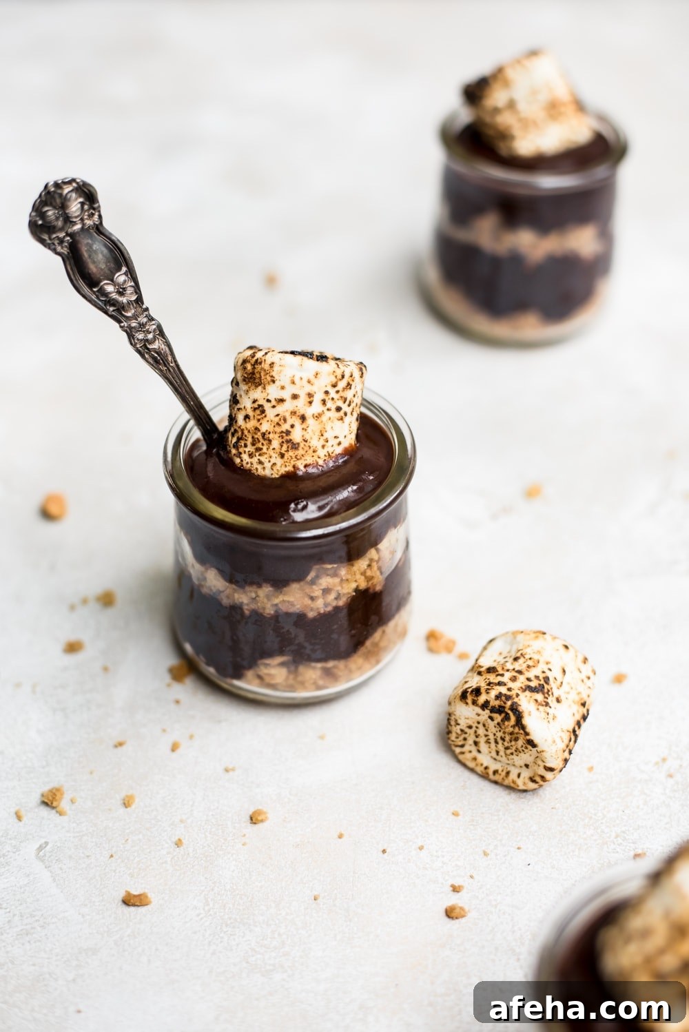 s'mores pudding with toasted marshmallow and spoon overhead