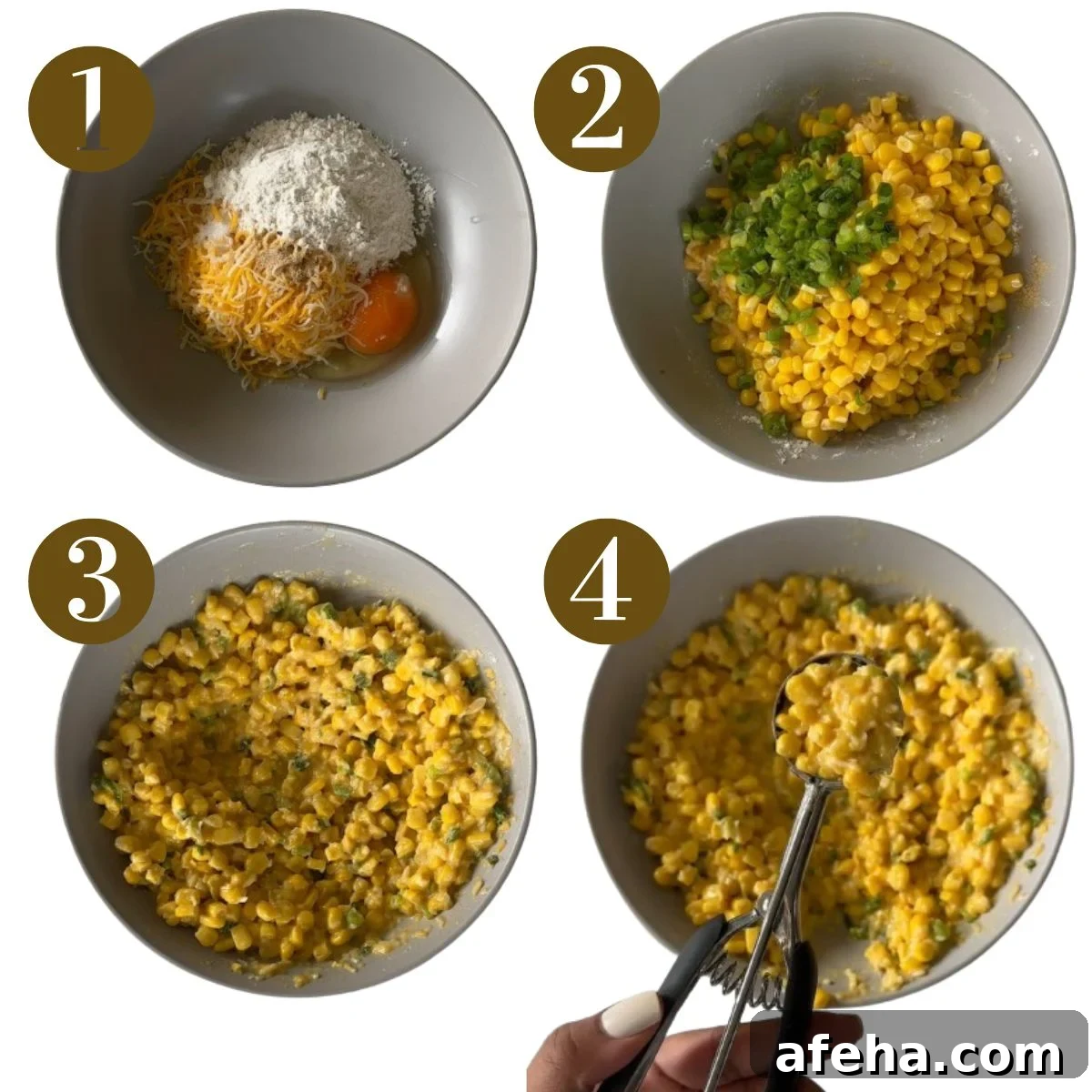 Steps to make sweet corn fritters.