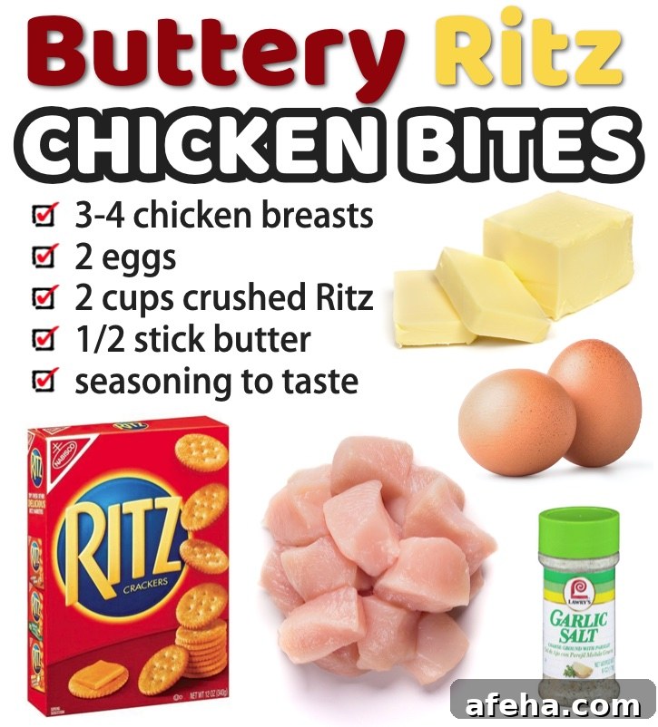 Buttery Ritz Chicken Bites | Homemade baked chicken nuggets! Super quick and easy to make with eggs, butter, and Ritz crackers. 