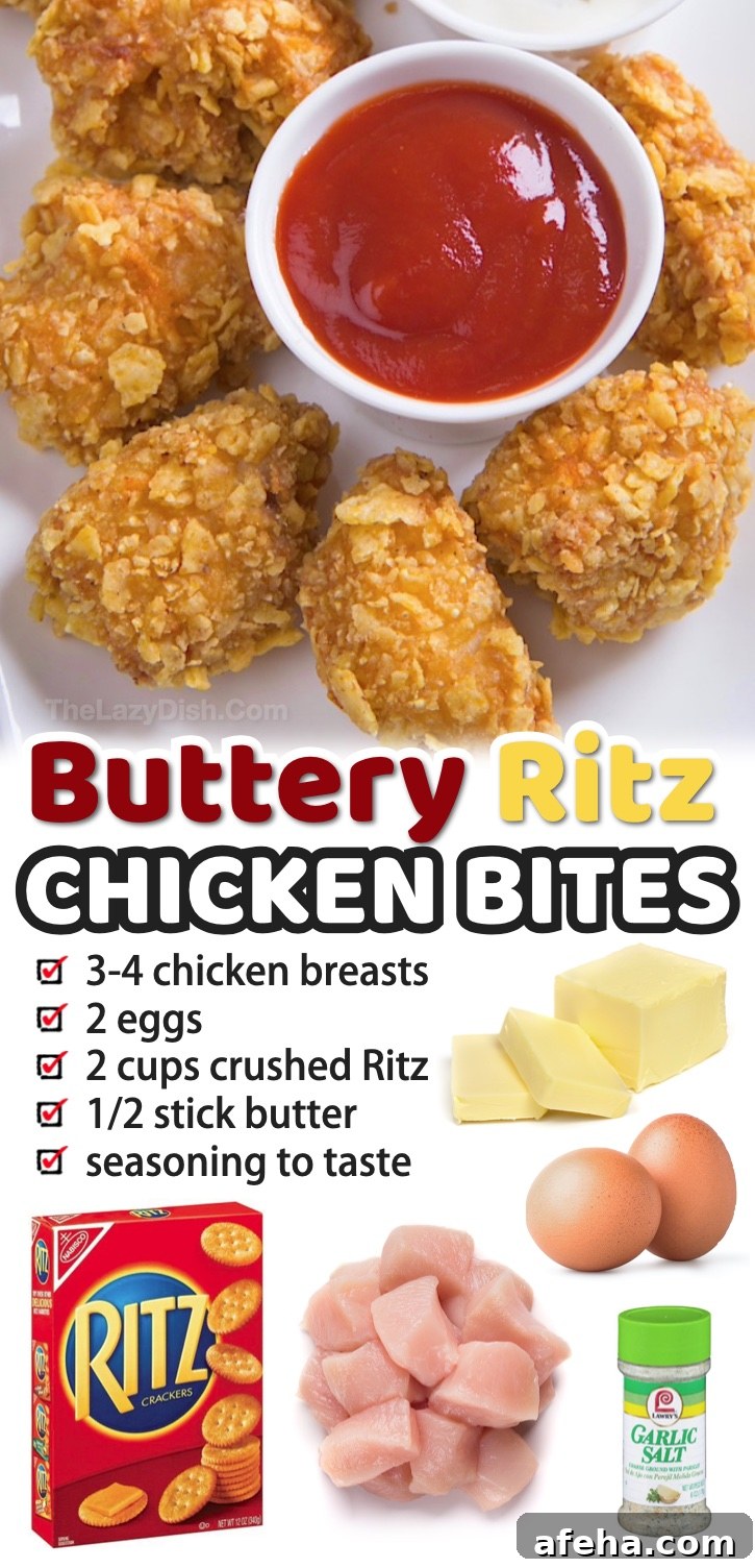 A super quick and easy chicken nugget recipe made with Ritz crackers! My kids love this chicken. It's great as a snack after school, or even served as dinner with a healthy side like salad or veggies. Even your picky eaters will get a belly full! If you're looking for fun recipes to make, try these amazing chicken bites. No frying and no oil needed! Dip in ranch, bbq, or ketchup for the best little treat, ever. Super crispy on the outside with a yummy tender middle. 