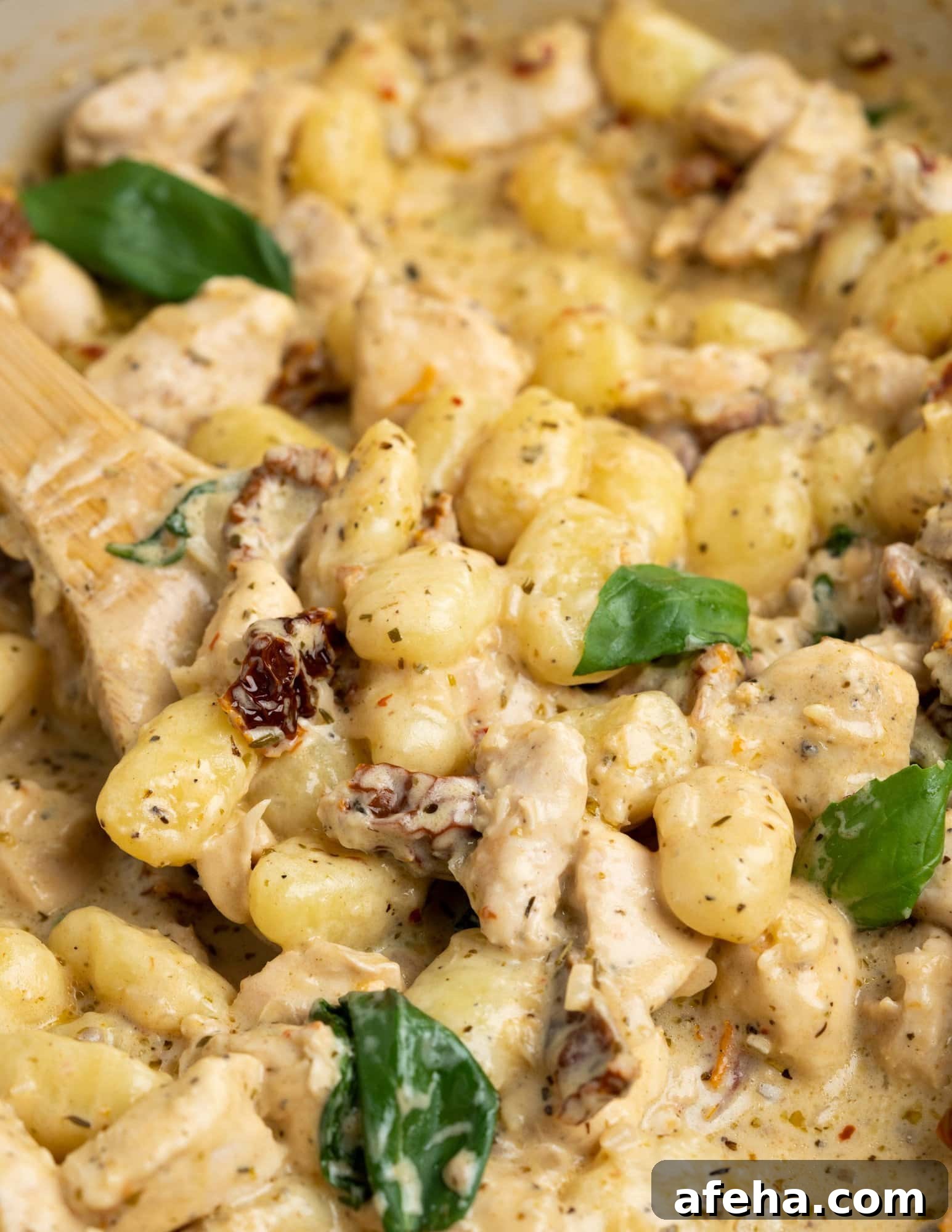 chicken breast, gnocchi in a creamy parmesan sauce with sundried tomatoes, Italian basil.