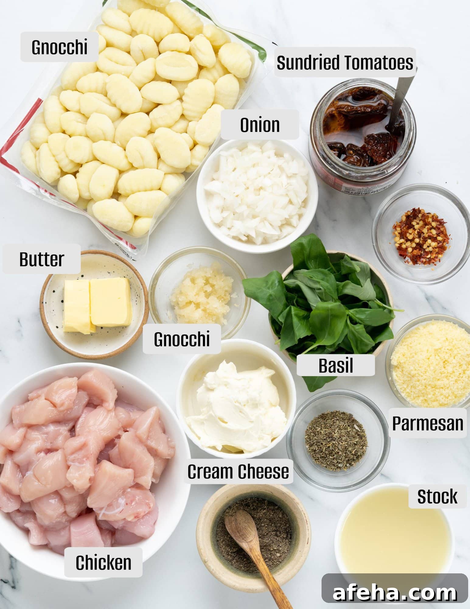 Ingredients for creamy chicken gnocchi.