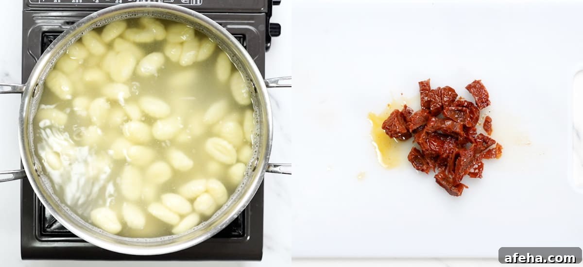 cook gnocchi and chop sundried tomatoes. 