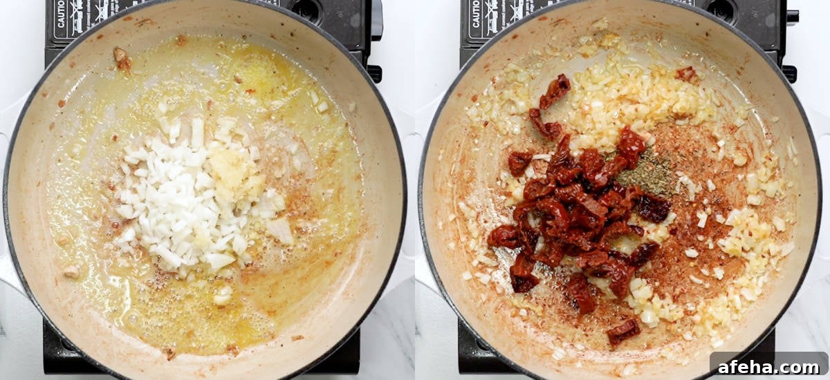 Saute onion , galric, followed by seasonings and sundried tomatoes. 