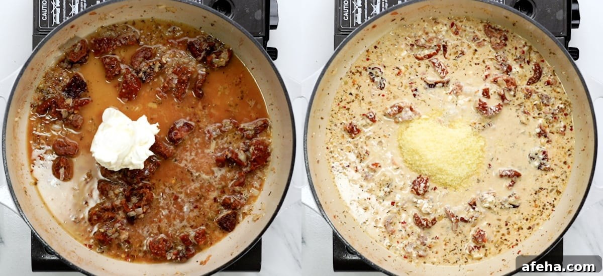 make the sauce by adding stock, cream cheese followed by parmesan cheese. 