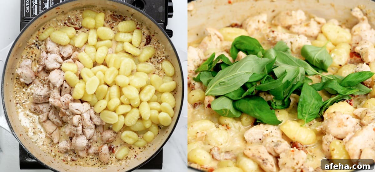 add cooked chicken, gnocchi and Italian basil to the cream cheese parmesan sauce. 