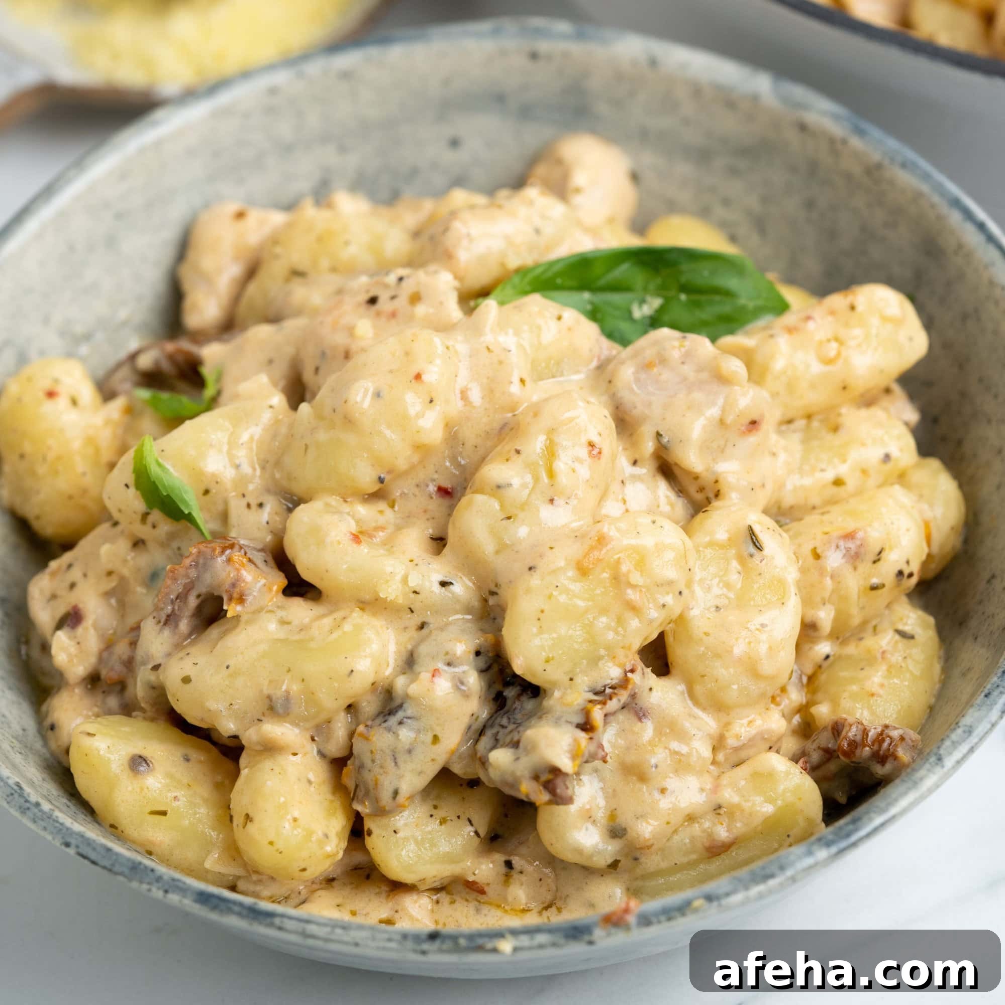 chicken breast, gnocchi in a creamy parmesan sauce with sundried tomatoes, Italian basil.