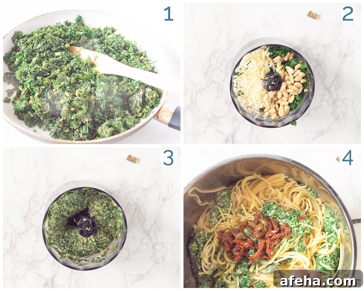 4 steps collage preparation Spaghetti with Kale pesto