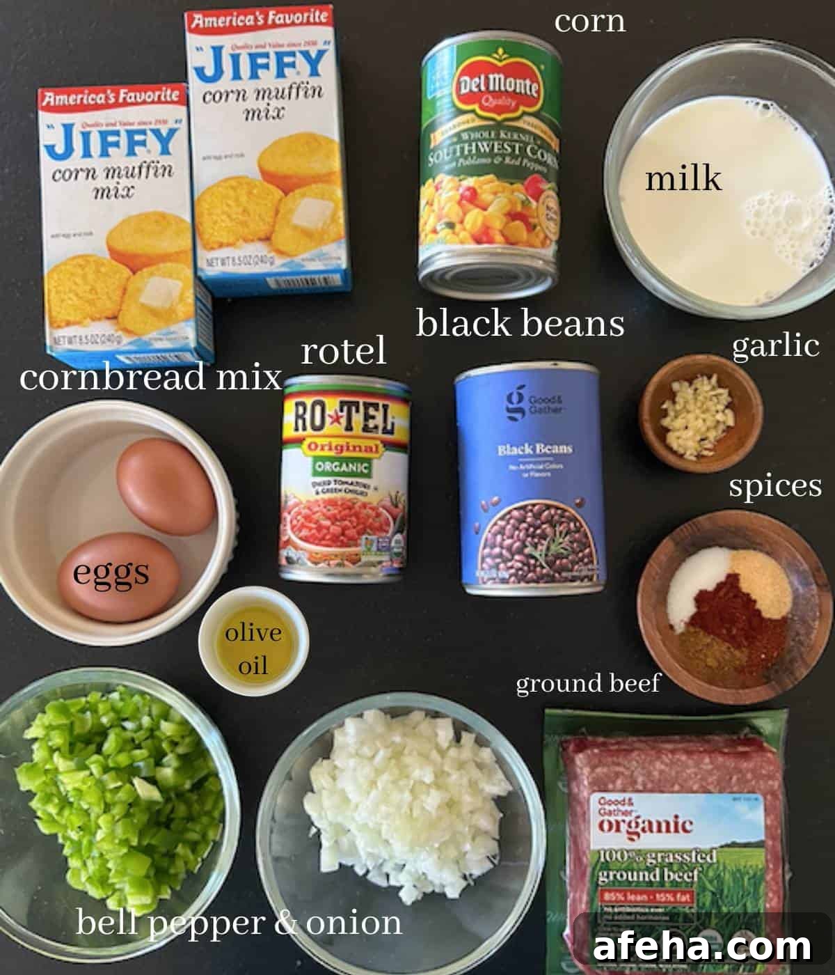Ingredients for cornbread casserole on countertop.