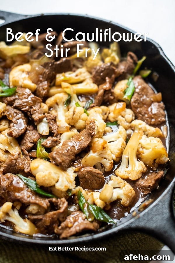 Beef and Cauliflower Stir Fry in a skillet