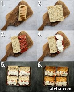 6 step by step photos showing how to make chorizo sandwich