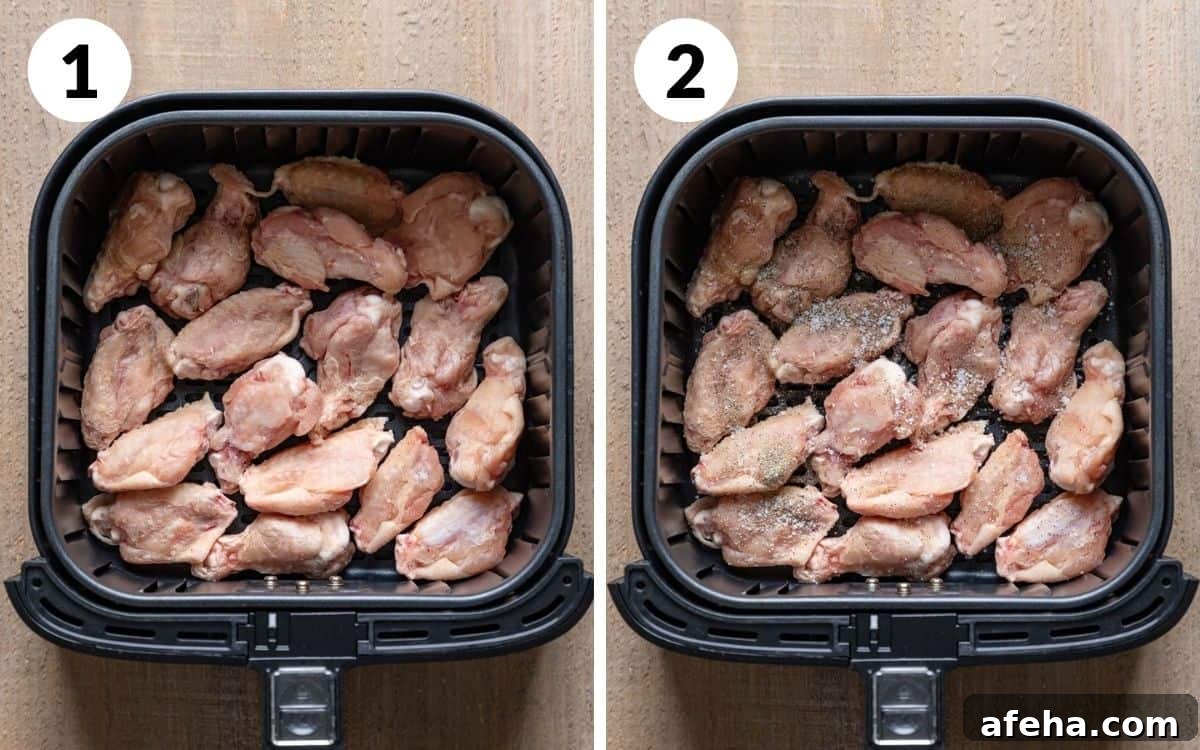 steps 1 & 2 frozen chicken wings in air fryer basket wings seasoned with salt and pepper