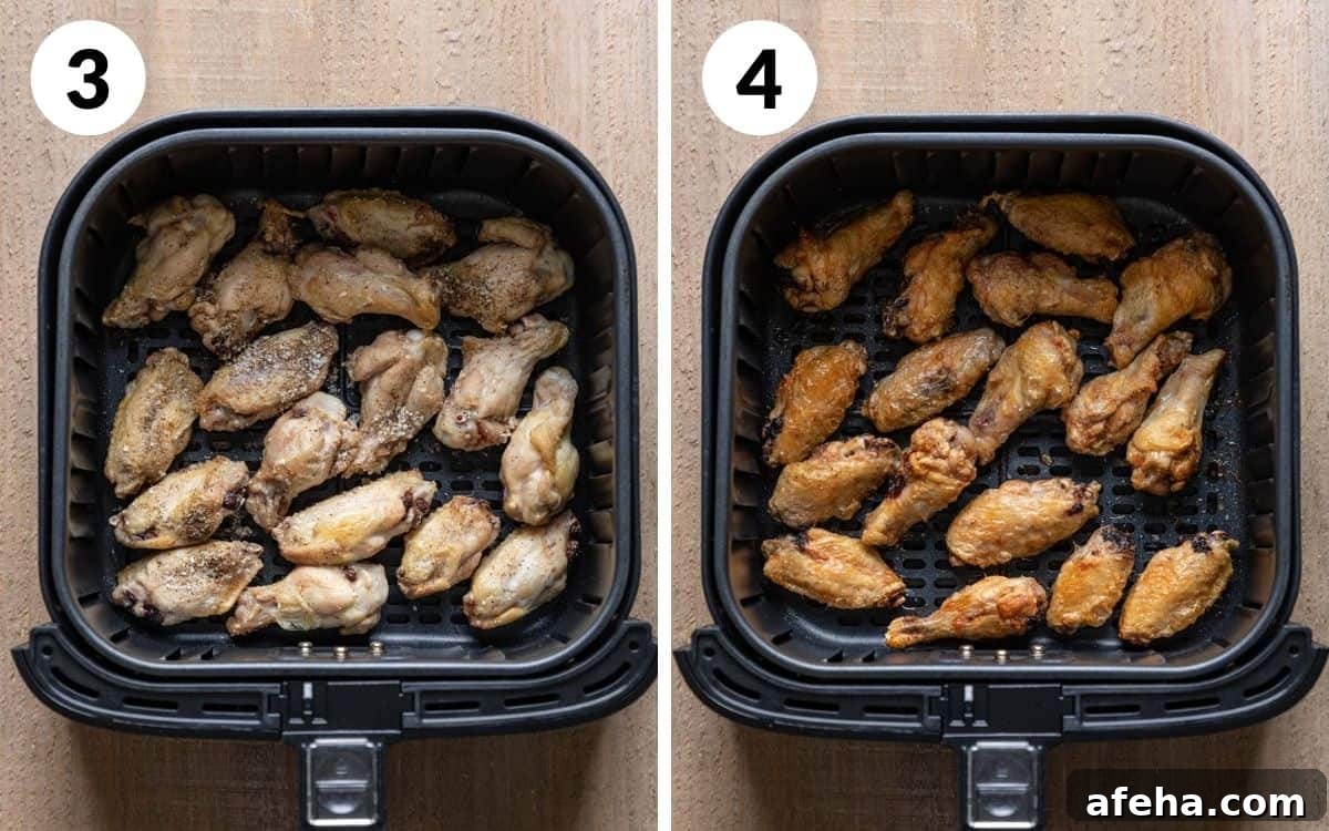 steps 3 & 4 chicken wings halfway through cooking finished chicken wings in air fryer basket