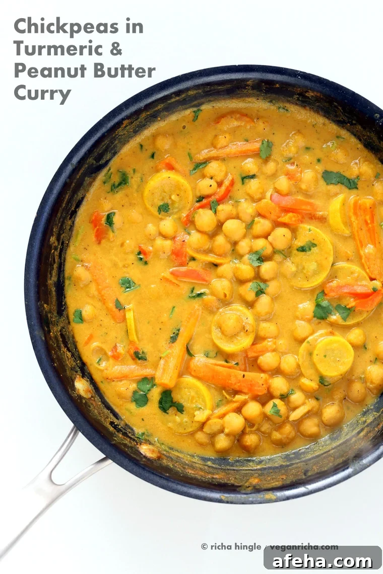 Chickpeas in Turmeric Peanut Butter Curry. Easy Nut Butter Curry Sauce with Summer veggies and Chickpeas. Vegan Gluten-free Soyfree Recipe | VeganRicha.com