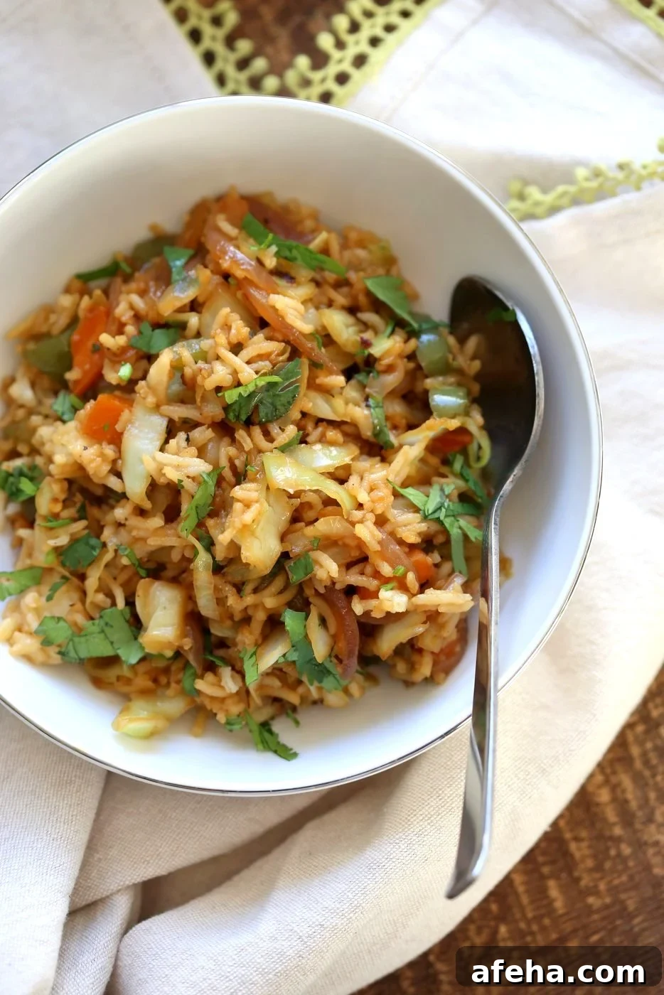 1 Pot, 30 Minute Veggie Spring Rolls Fried Rice! Fridge clean up fried rice with cabbage, carrots, bell pepper,  with rice or other cooked grains for a quick weeknight meal. Vegan Gluten-free Nut-free Recipe | VeganRicha.com