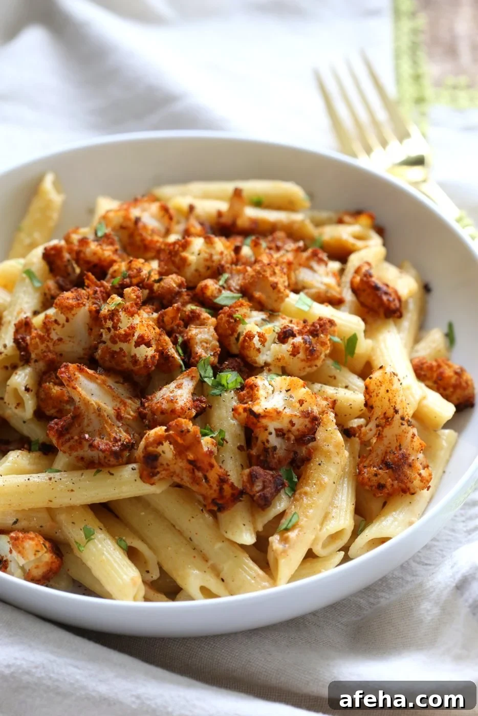 Vegan Garlic Pasta with Roasted Cajun Cauliflower. Cauliflower is tossed in homemade cajun spice blend and baked, then served over easy creamy Garlic sauce Penne Pasta. Vegan Recipe. Can be Nut-free gluten-free | VeganRicha.com