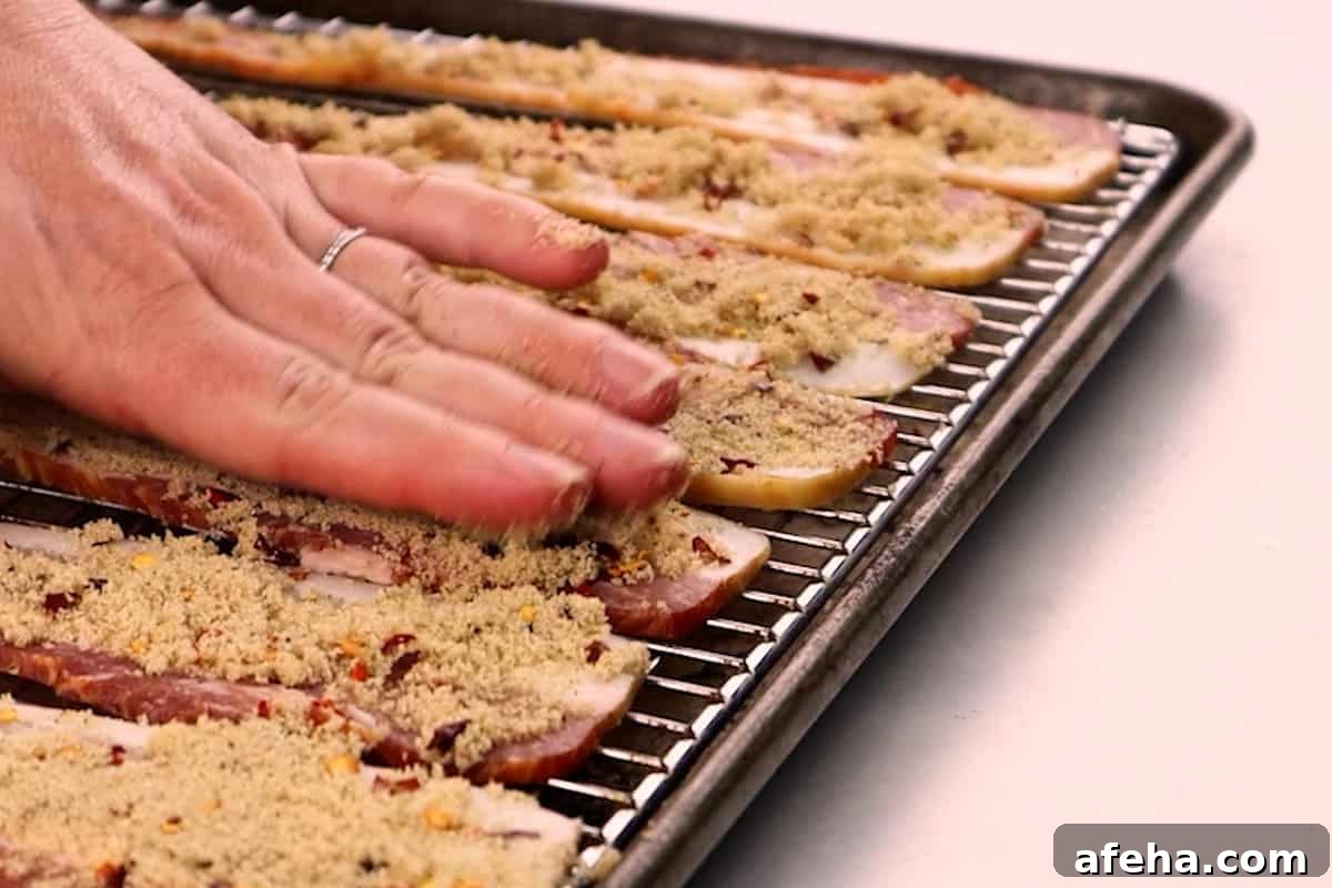 patting the brown sugar on the bacon