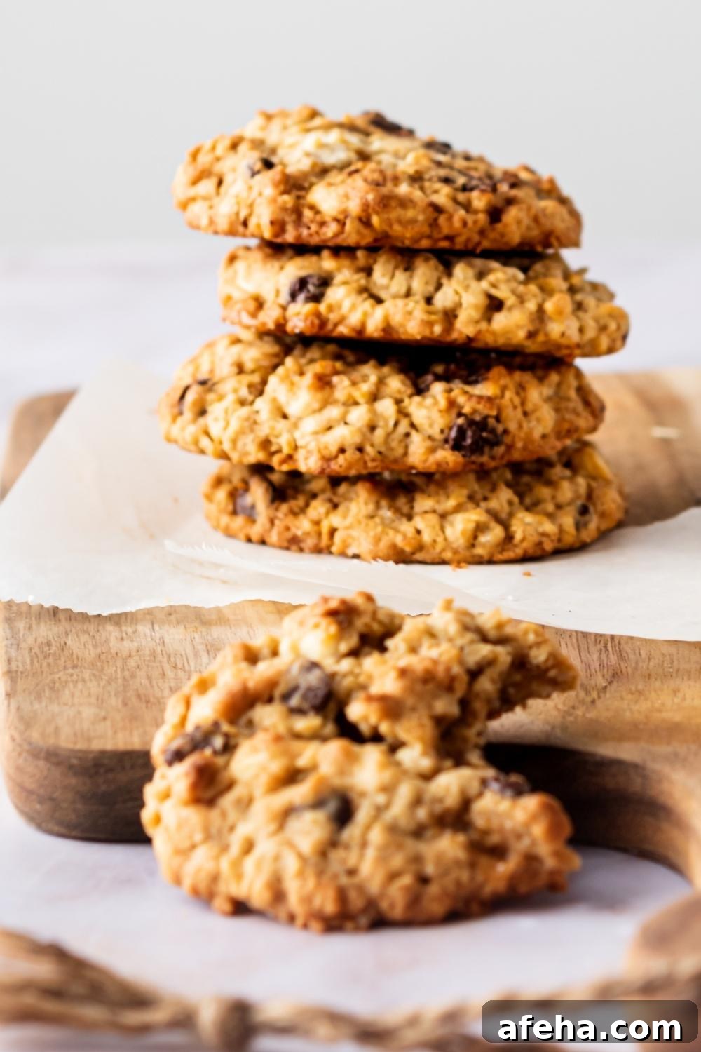 A stack of four mom's recipe crumble cookies on parchment paper on a cutting board. One cookie is on the rim of the cutting board and it has one big bite out of it.