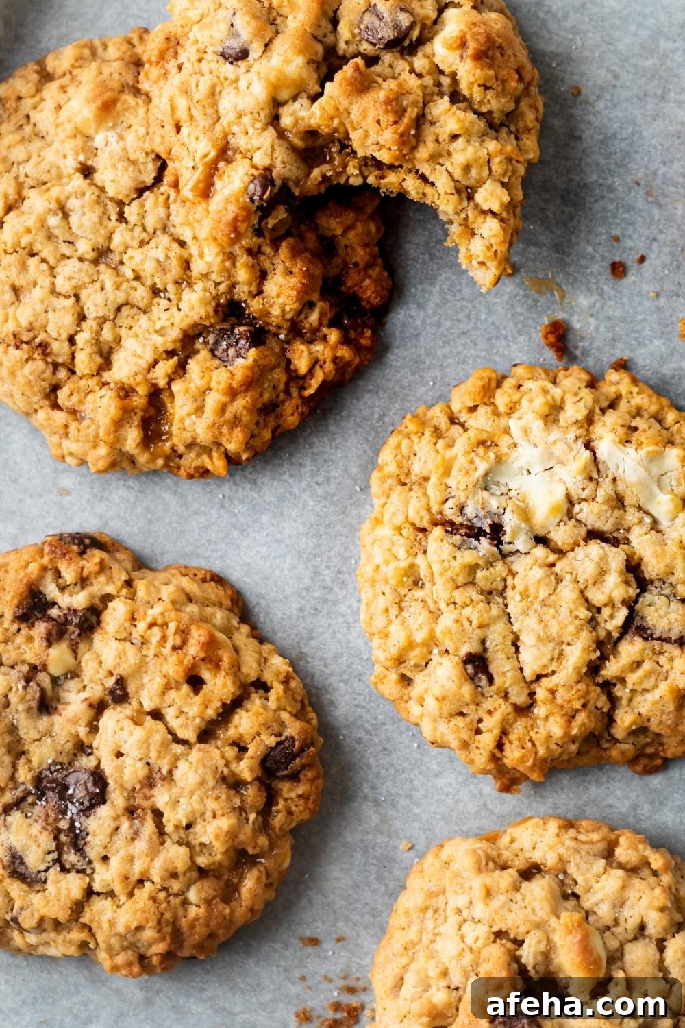 An overhead view of five mom's recipe crumble cookies on parchment paper, one cookie has one big bite taken out of it.