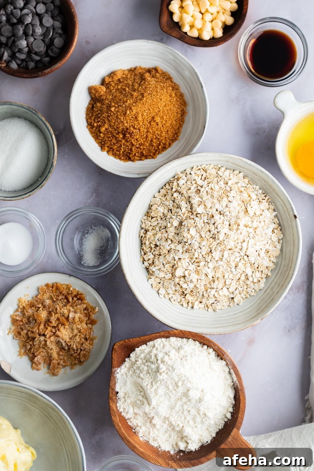An overhead view of all of the ingredients it takes to make mom's recipe crumble cookies.