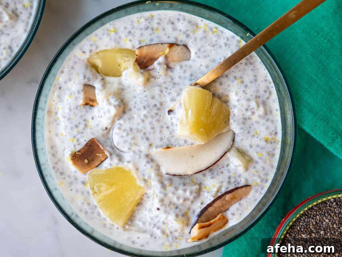 Step 5 Bowl of pineapple chia pudding with tropical toppings and soft morning light.
