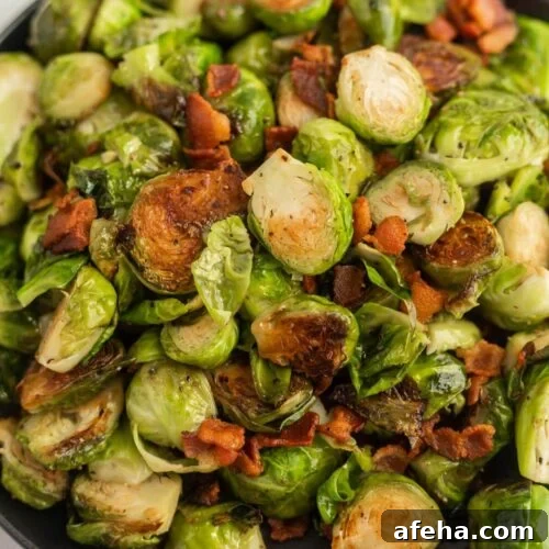 Brussels sprouts mixed with crispy bacon pieces.