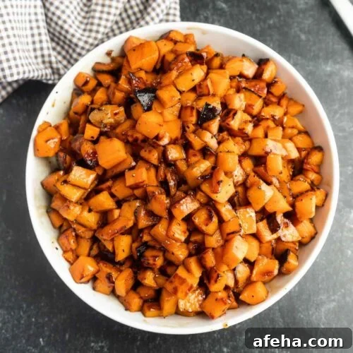 Diced sweet potatoes in a bowl.