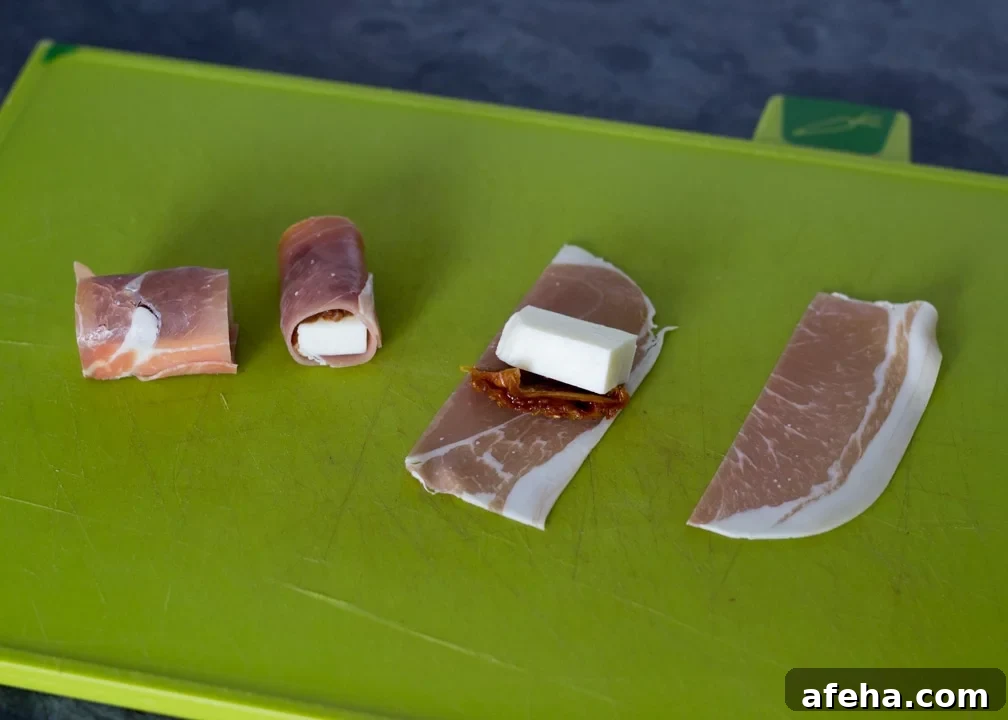 Halloumi and sundried tomatoes wrapped in prosciutto.