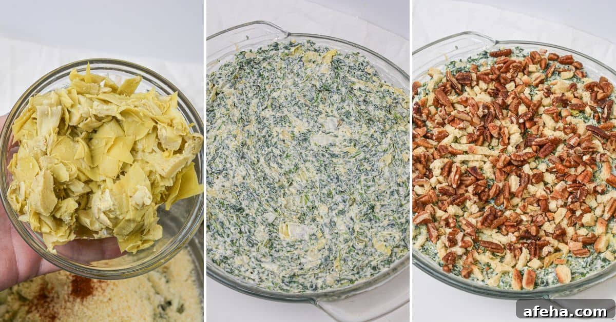 Three images show: chopped artichokes in a bowl, the Artichoke and Spinach Dip Recipe mixed in a dish, and the same dip topped with chopped pecans before baking.