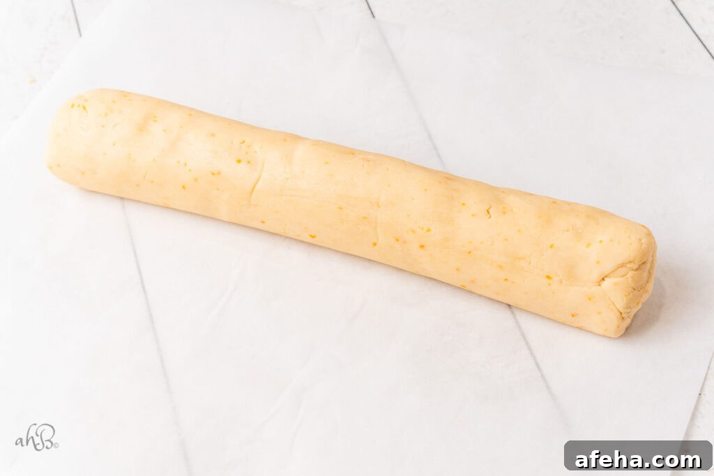 The dough is shaped into a log on parchment paper.