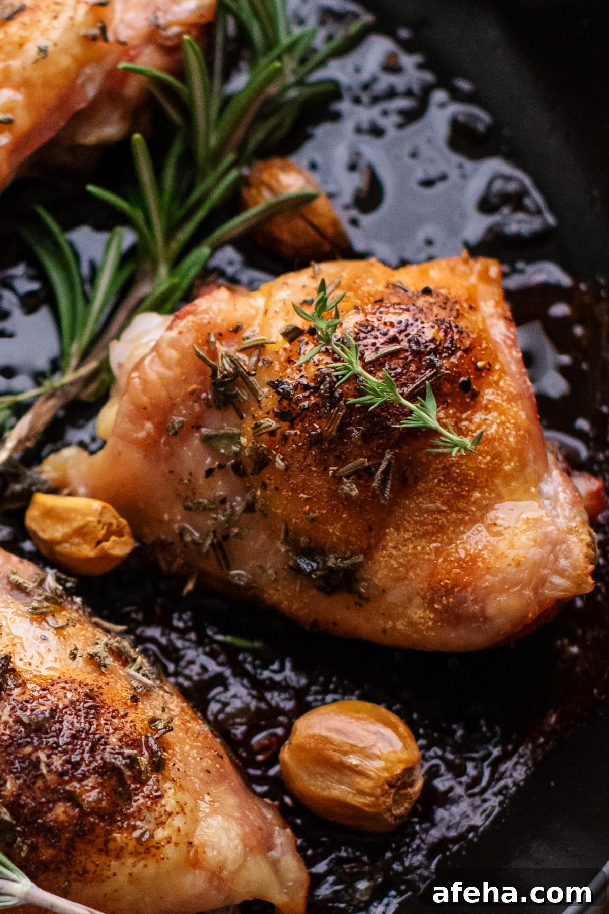 close up of roasted chicken thighs in a skillet with herbs and roasted garlic cloves arranged around them.
