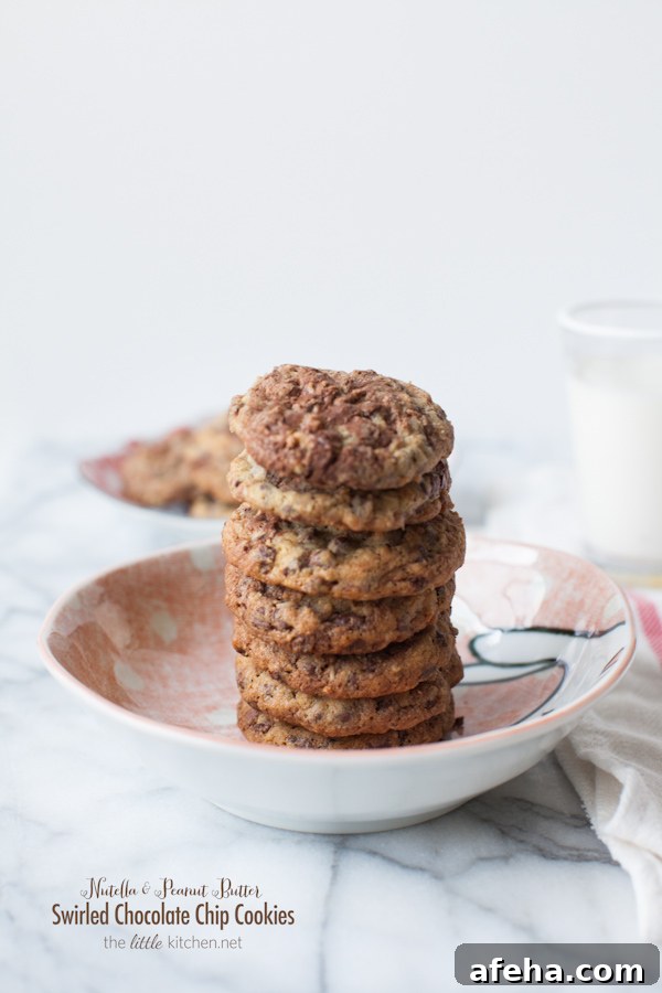 Nutella and Peanut Butter Swirled Chocolate Chip Cookies from thelittlekitchen.net