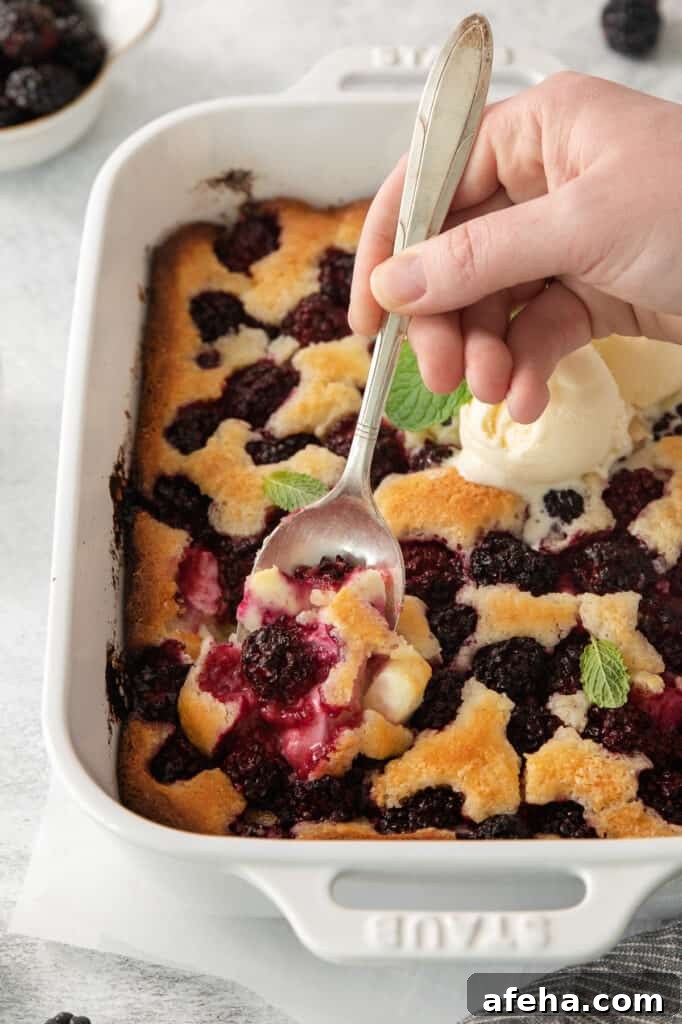 Blackberry Cobbler with Cream Cheese Swirl: Rustic Summer Dessert 2 a person scooping ice cream onto a blueberry cobbler.