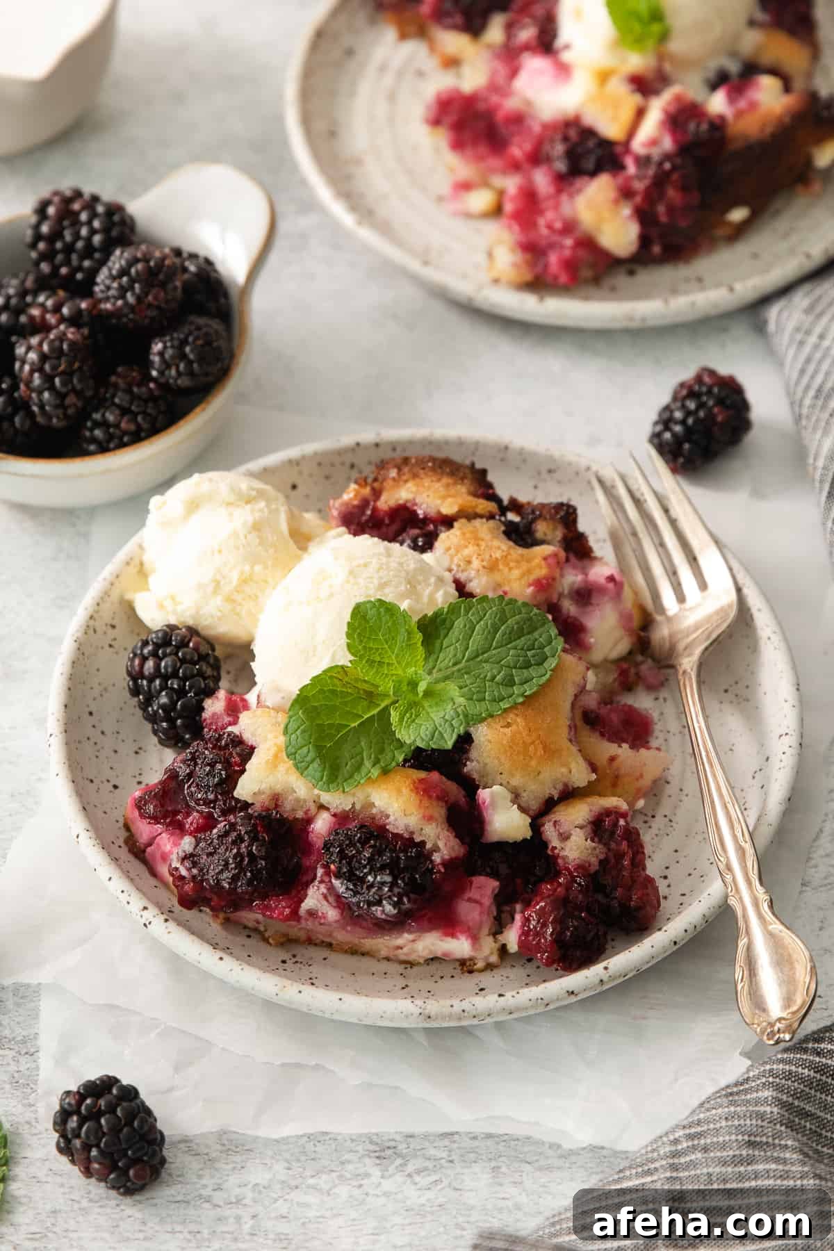 Blackberry Cobbler with Cream Cheese Swirl: Rustic Summer Dessert 7 a plate of blackberry cobbler with a scoop of ice cream.