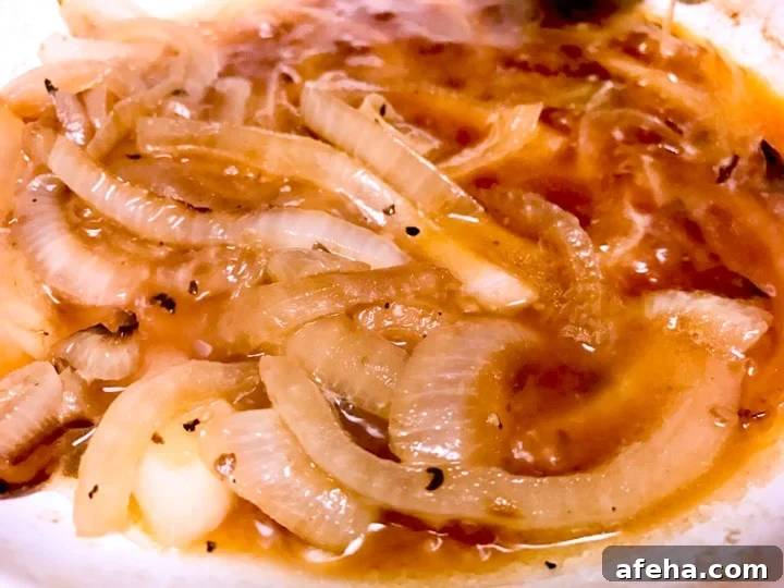 Sliced onions caramelized with beer on white plate