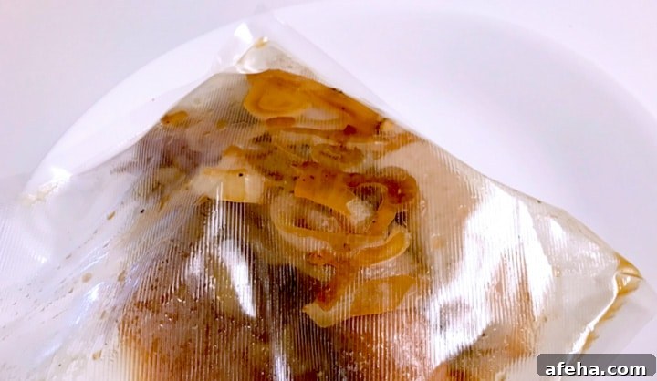Sliced onions caramelized with beer in vacuum-sealed plastic bag on white plate