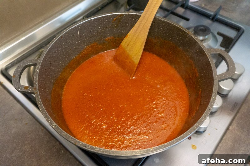 Spicy Satsebeli: Authentic Georgian Tomato Sauce Recipe 4 Stirring the sauce after adding in water