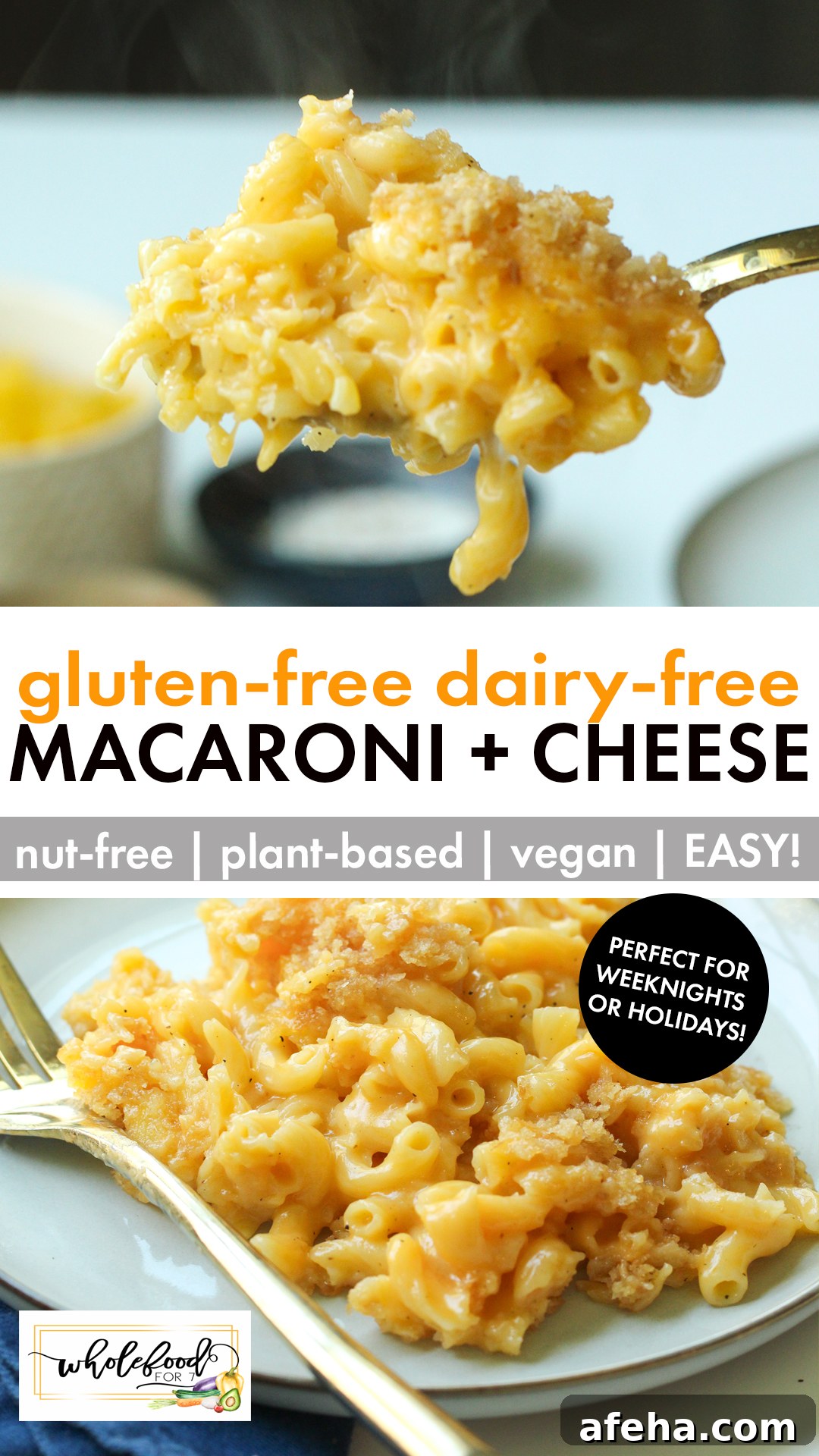 Gluten-free Dairy-free Macaroni and Cheese - EASY allergen-friendly cozy classic that is also nut-free, egg-free, vegan, and plant-based. Perfect for a comfort food weeknight dinner or holidays like Thanksgiving or Christmas sides. 