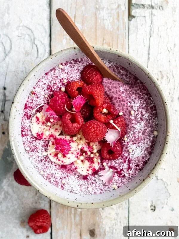 Creamy Mango Chia Pudding Recipe for Tropical Breakfast or Dessert 12 raspberry chia pudding in a white speckled bowl with a spoon in it