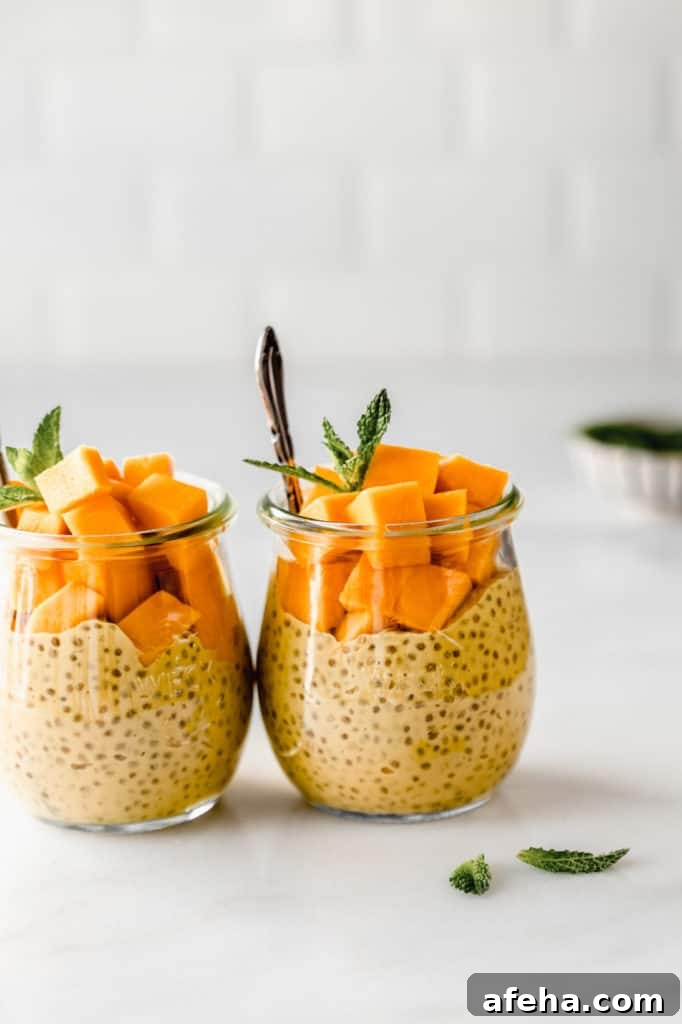 Creamy Mango Chia Pudding Recipe for Tropical Breakfast or Dessert 7 Two small jars of mango chia pudding topped with cubes of mango