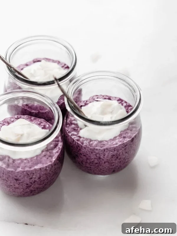 Creamy Mango Chia Pudding Recipe for Tropical Breakfast or Dessert 9 three jars of blueberry chia pudding on a marble counter