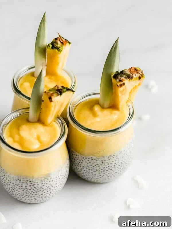 Creamy Mango Chia Pudding Recipe for Tropical Breakfast or Dessert 10 3 jars of pina colada chia pudding with pineapple wedges in them on a marble board