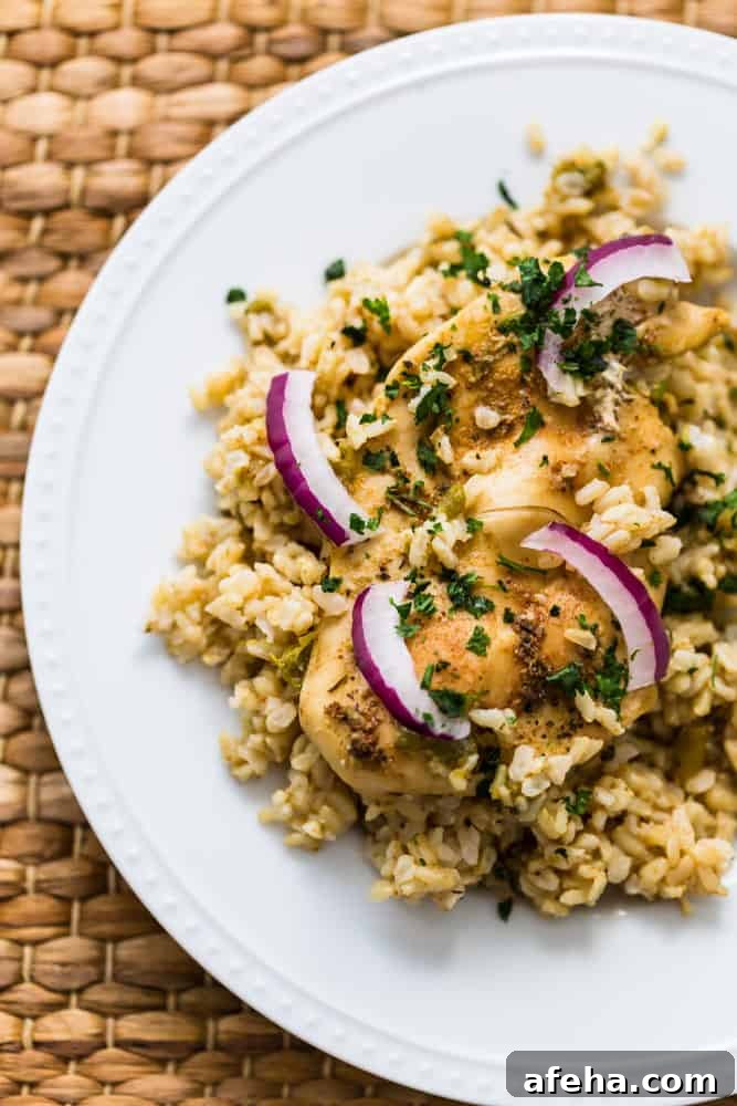 Plate filled with brown rice and topped with chicken and green chiles cooked in an Instant pot pressure cooker garnished with red onions and cilantro