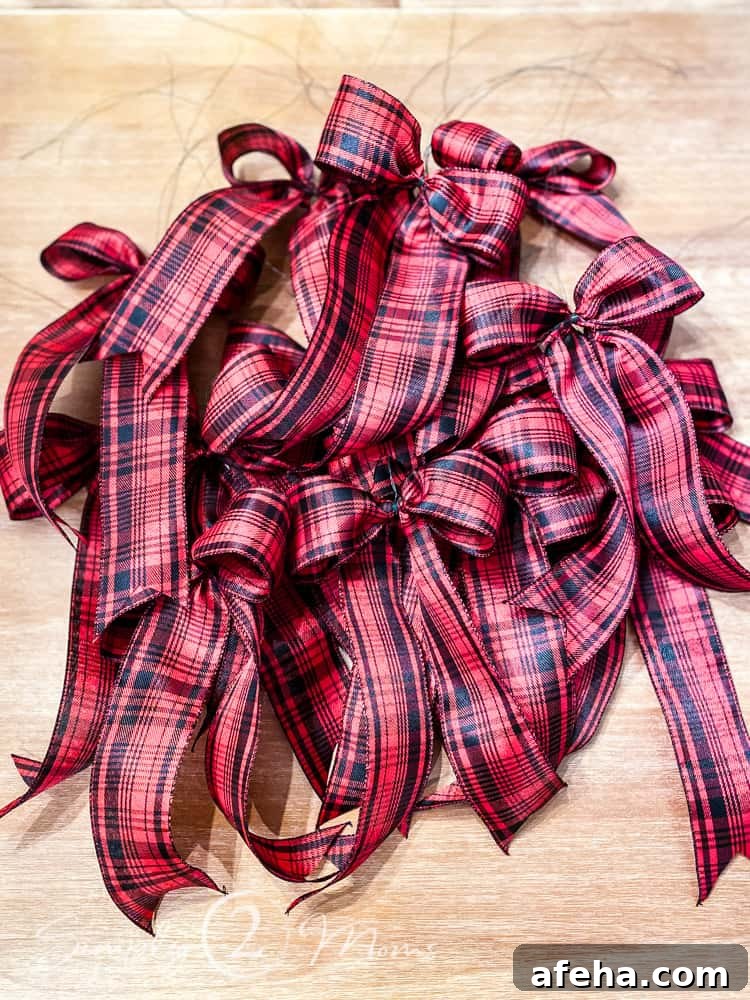 pile of completed holiday bows on table