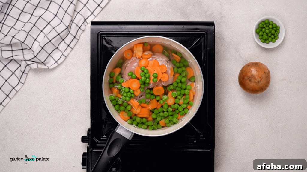 Gluten-Free Chicken Pot Pie Recipe: Flaky Crust & Creamy Filling 10 Sautee your veggies and chicken, put them in water on the stove for about 15 mintues.