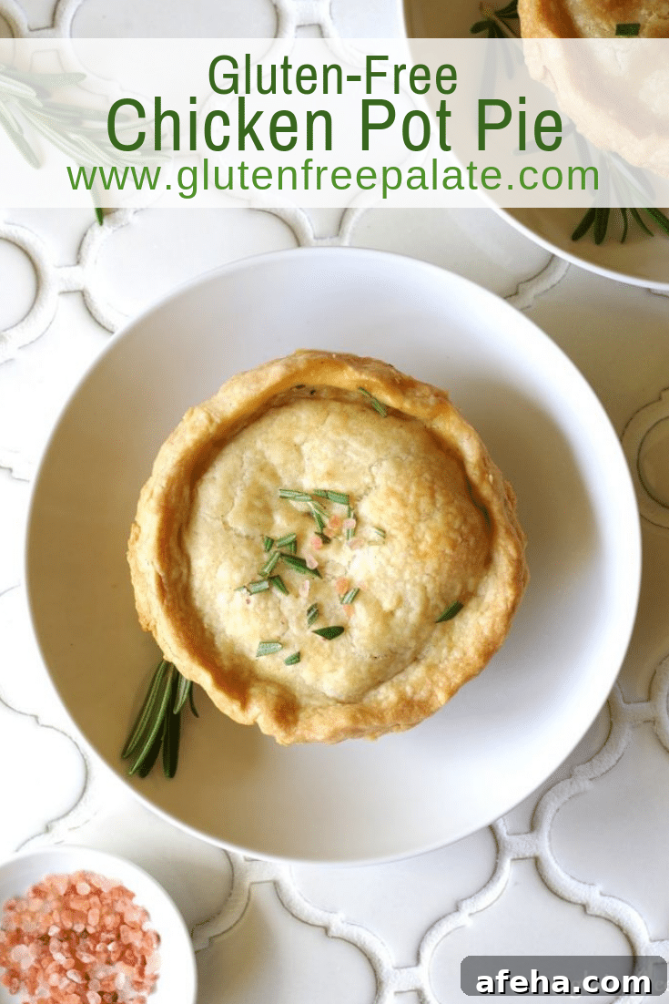 Gluten-Free Chicken Pot Pie Recipe: Flaky Crust & Creamy Filling 15 a pinterest pin of a chicken pot pie on a white plate with the words gluten-free chicken pot pie in text at the top