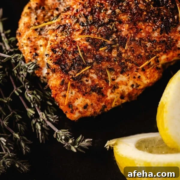 A grilled chicken breast on a black surface next to lemon wedges.