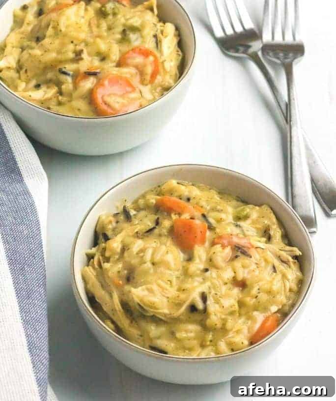 two white bowls of chicken and wild rice casserole cooked in the Instant Pot pressure cooker
